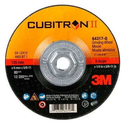 3M 7100244819 – CUBITRON™ II DEPRESSED CENTRE GRINDING WHEEL 64317, QUICK CHANGE, TYPE 27, 5 IN X 1 / 4 IN X 5 / 8"-11, 10 / INNER, 20 / CASE